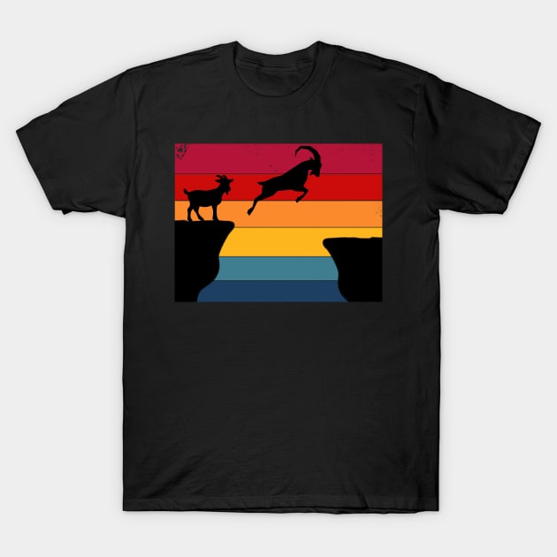 Vintage Retro Sunset Mountain Goats Jump Over Gap T-Shirt by JustBeSatisfied